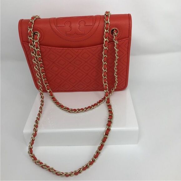 Tory Burch Fleming Quilted Leather Chain Red Orange Shoulder Purse Bag Boho - Picture 1 of 16